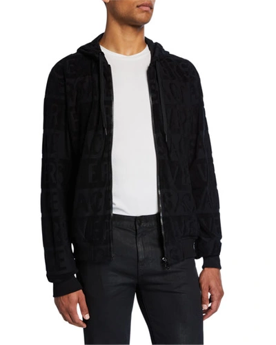 Versace Men's Tonal Logo Print Zip-up Hooded Jacket In Black
