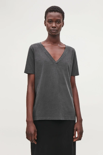 Cos Deep V-neck Jersey T-shirt In Black