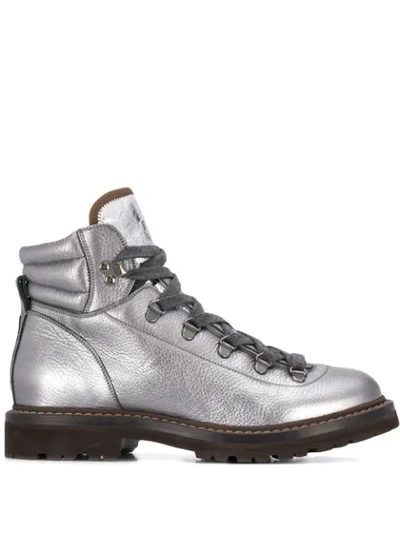 Brunello Cucinelli Metallic Leather Lace-up Hiking Boots In Silver