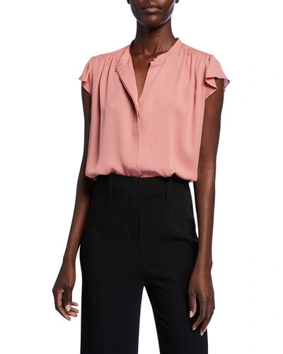 Theory Flutter Cap-sleeve Shirred Yoke Georgette Top In Deep Carnation