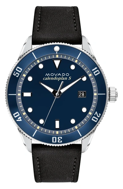 Movado Heritage Calendoplan Leather Strap Watch, 43mm In Black/ Blue/ Silver