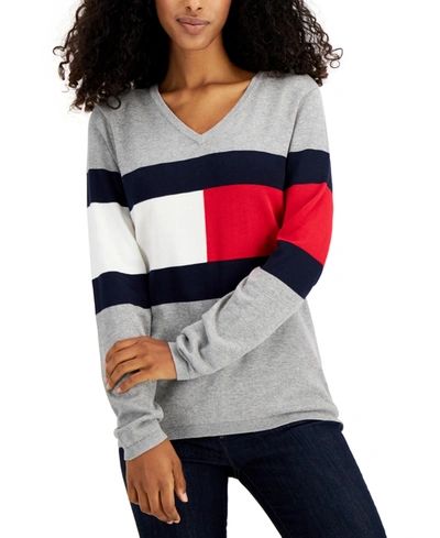 Tommy Hilfiger Ivy Logo V-neck Cotton Sweater, Created For Macy's In Med  Heather Gray Multi | ModeSens