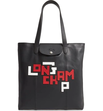 Longchamp Large Le Pliage Logo Leather Tote In Black