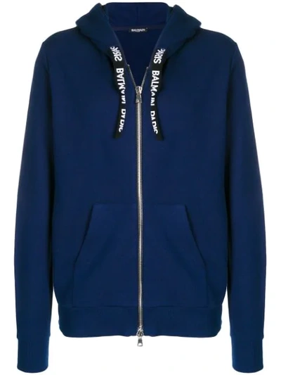 Balmain Logo Drawstring Hooded Sweater Blue