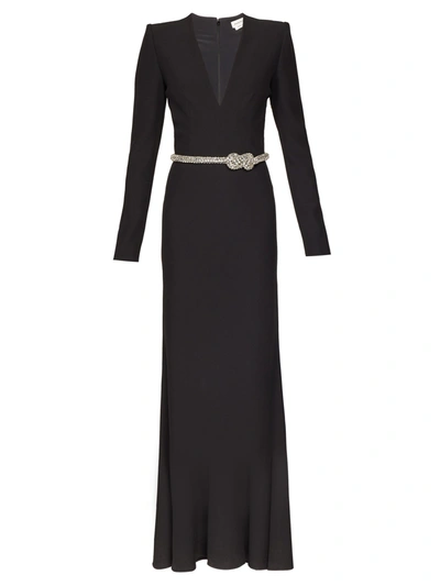 Alexander Mcqueen Crystal-belted V-neck Long-sleeve Gown In Black