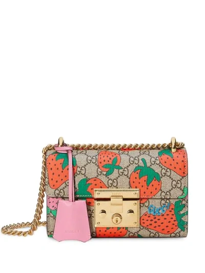 Gucci Padlock Gg Strawberry Small Shoulder Bag In Beige