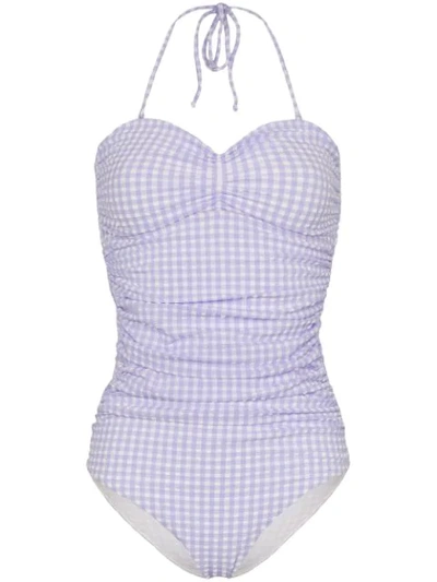 Ganni Ruched Gingham Swimsuit In Blue
