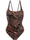 Ganni Tiger Print Swimsuit In Brown