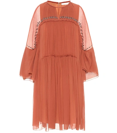Chloé Embellished Gathered Silk-crepon Mini Dress In Taupe