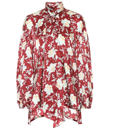 Chloé Pussy-bow Floral-print Hammered-silk Blouse In Red