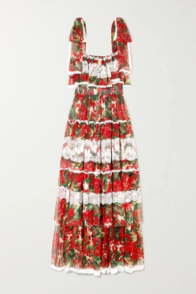 Dolce & Gabbana Tiered Lace-paneled Floral-print Silk-blend Voile Gown In Floral Print