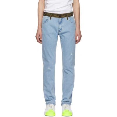 Fendi Ff Jacquard-waistband Straight-leg Jeans In Blue