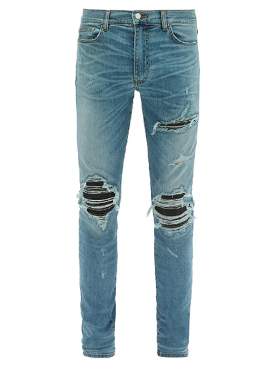 Amiri Mx1 Leather-patch Slim-leg Jeans In Light Blue
