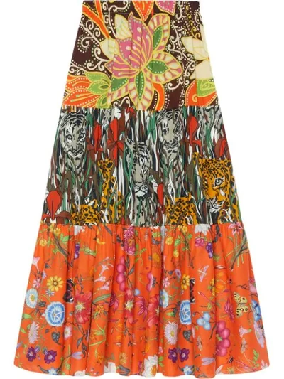 Gucci New India Printed Tiered Cotton-poplin Midi Skirt In Orange