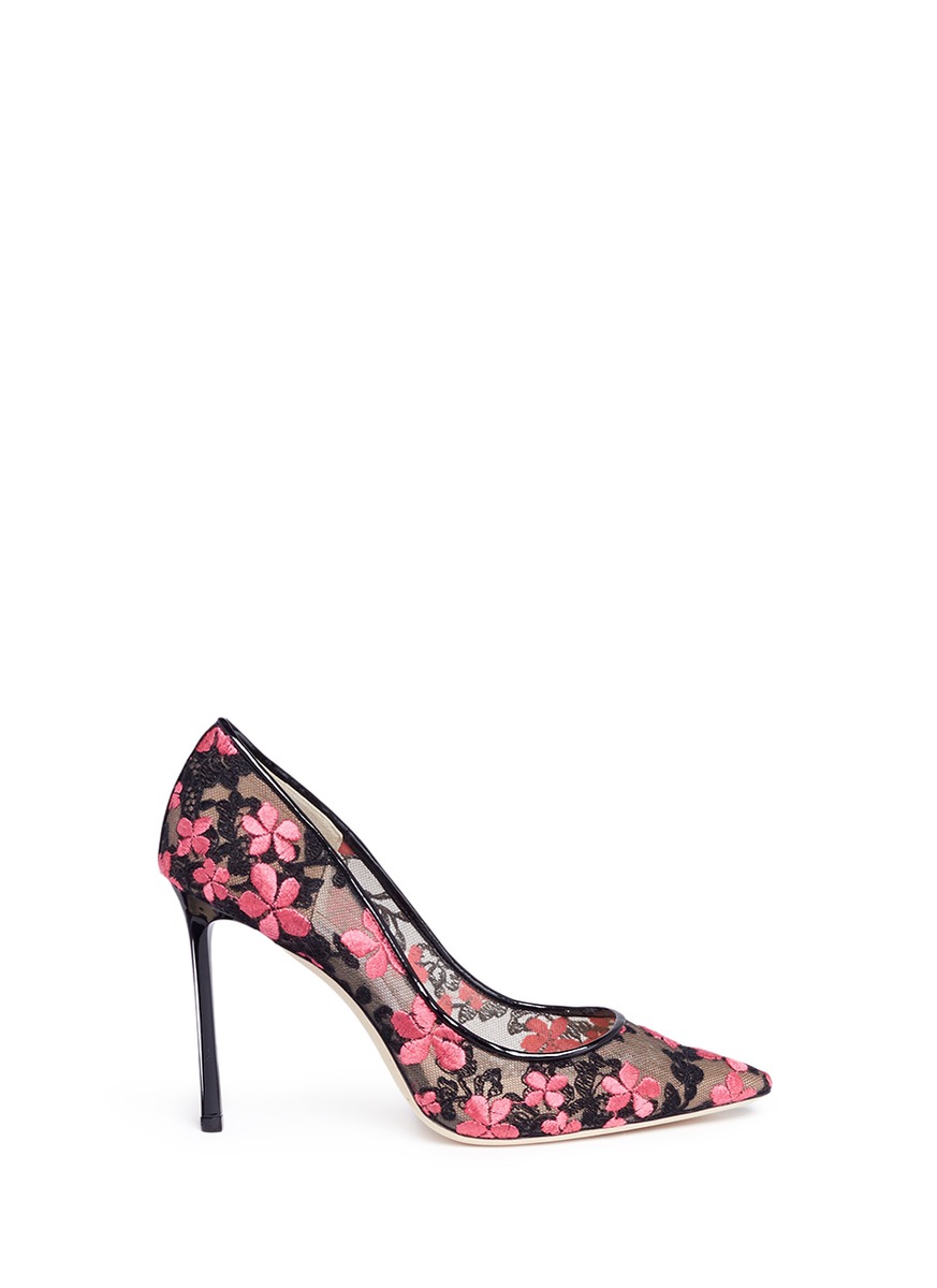 Jimmy Choo 'romy 100' Floral Embroidered Mesh Pumps In Llack | ModeSens