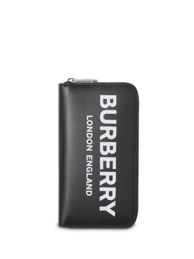 Burberry Logo Print Leather Ziparound Wallet In Black