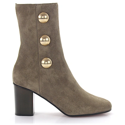 Chloé Ankle Boots Calfskin Suede Decorative Button Embossing Olive In Grey