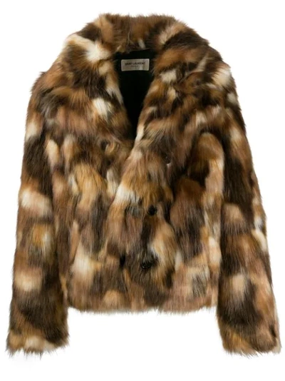 Saint Laurent Double-breasted Faux Fur Jacket In Brown