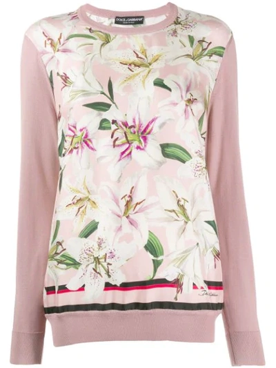 Dolce & Gabbana Lily-print Twill And Silk Sweater With Long Sleeves In Pink