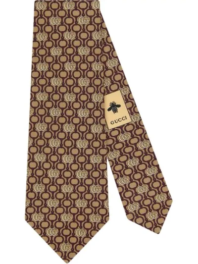 Gucci Double G Horsebit Chain Silk Tie In Brown