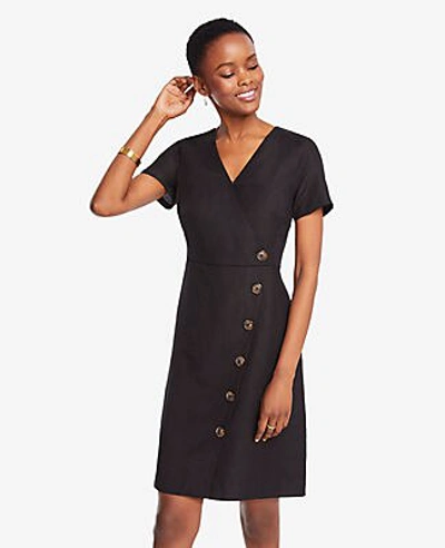 Ann Taylor Petite Side Button Linen Blend A-line Dress In Black