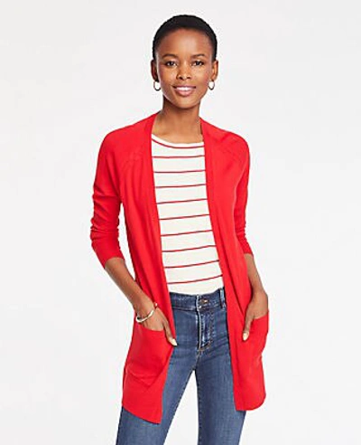 Ann Taylor Petite Pointelle Pocket Open Cardigan In Real Red