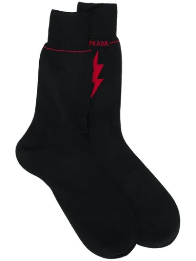 Prada Lightning Bolt Embroidered Socks  In Black