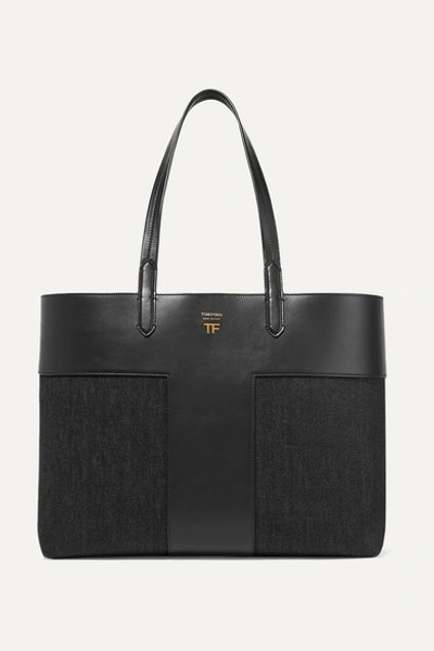 Tom Ford T Leather And Denim Tote In Black