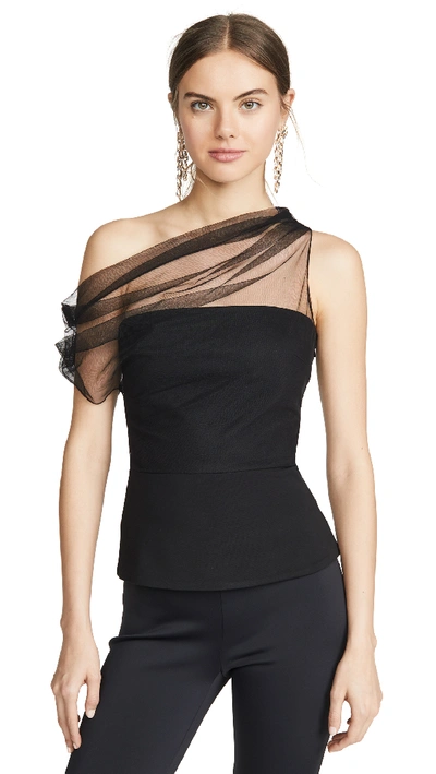 Cushnie One-shoulder Draped Tulle And Stretch-crepe Top In Black