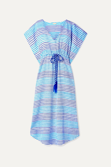 Jaline Camila Gathered Striped Cotton Kaftan In Sky Blue 