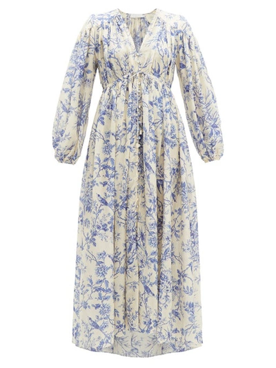 Zimmermann Verity 花卉印花丝缎超长连衣裙 In Ivory/blue Floral