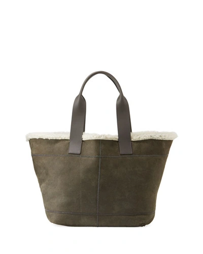 Brunello Cucinelli Brushed Tote Bag With Fur Lining In Dark Green