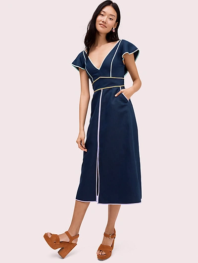 Kate Spade Silk/linen V-neck Short-sleeve Midi Dress With Contrast Trim In Parisian Navy