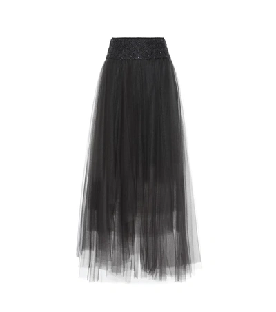 Brunello Cucinelli Monili-beaded Cummerbund-waist Tulle Skirt In Black