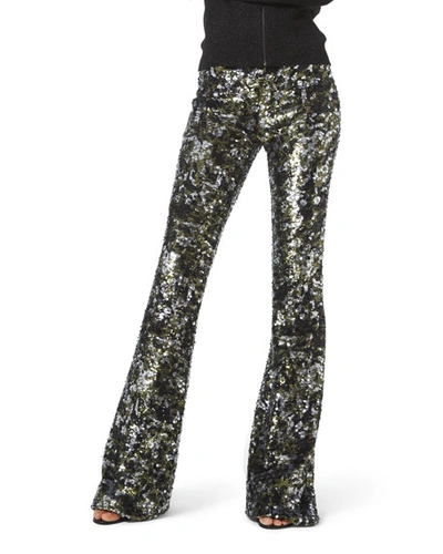 Michael Kors Camo Sequined Flare Pants In Black/silver