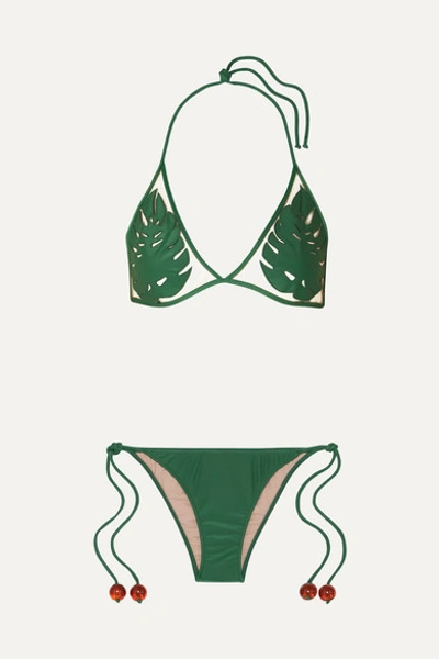 Adriana Degreas + Cult Gaia Embellished Tulle-paneled Triangle Bikini In Green