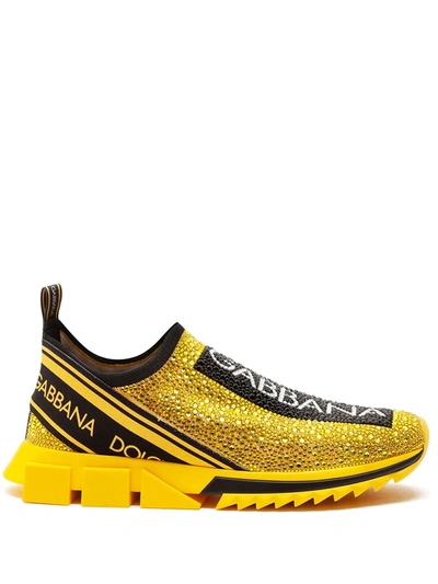 Dolce & Gabbana Sorrento Embellished Logo Slip-on Knit Sneakers In Yellow