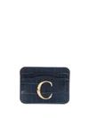Chloé The C Logo Crocodile-embossed Leather Cardholder In Blue