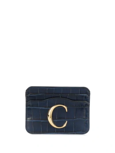 Chloé The C Logo Crocodile-embossed Leather Cardholder In Blue