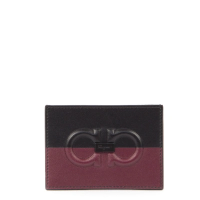 Ferragamo Black & Red Gancini Leather Card Holder