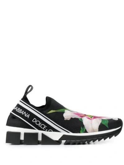 Dolce & Gabbana Stretch Jersey Sorrento Trainers With Lily Print In Black