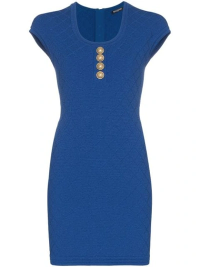 Balmain Diamond Knit Short-sleeve Dress In Blue