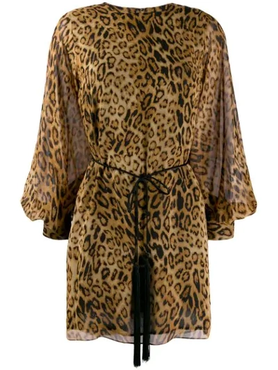 Nili Lotan Rebeca Leopard Print Silk Long Sleeve Minidress In Brown Leopard Print