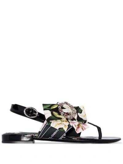 Dolce & Gabbana Lily-print Cady Thong Sandals In Black