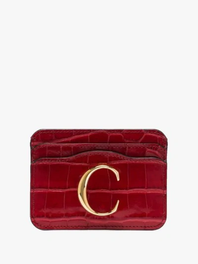 Chloé The C Logo Crocodile-embossed Leather Cardholder In Red