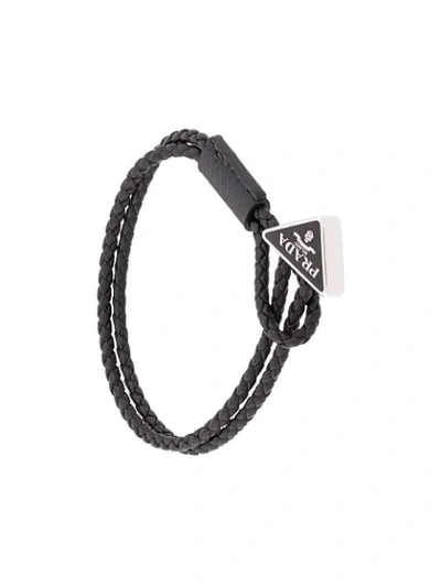 Prada Braided Logo Plaque Bracelet In Black