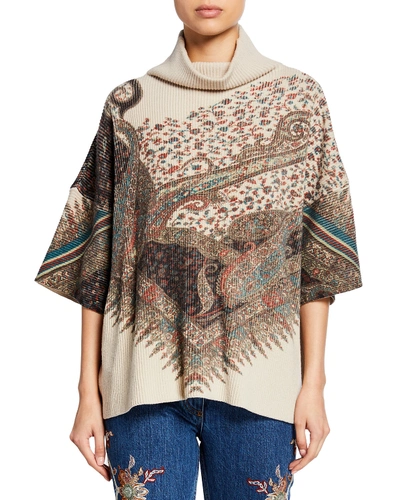 Etro Mock-neck English Floral Wool-cashmere Turtleneck Sweater In Beige