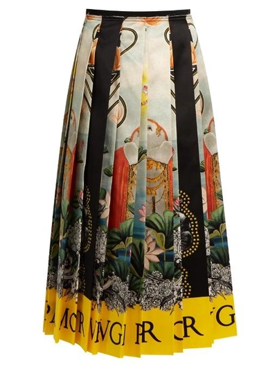 Gucci Elephant And Waterlily-print Pleated Satin Skirt In Multi