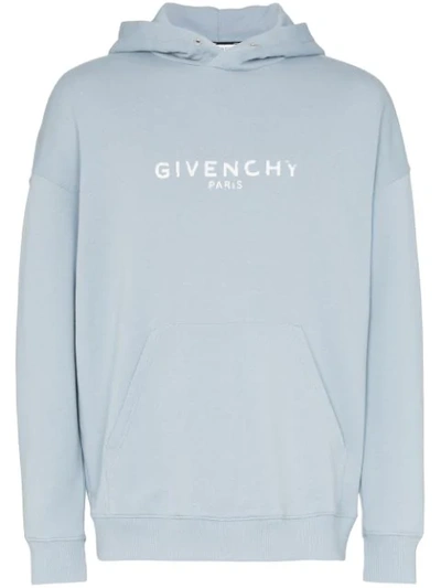 Givenchy Men's Distressed Logo-print Hoodie Sweatshirt In Pale Blue