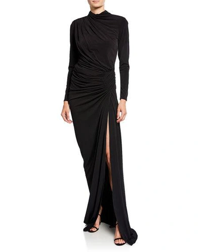 Jovani High-neck Long-sleeve Shirred Long Dress With Slit In Black